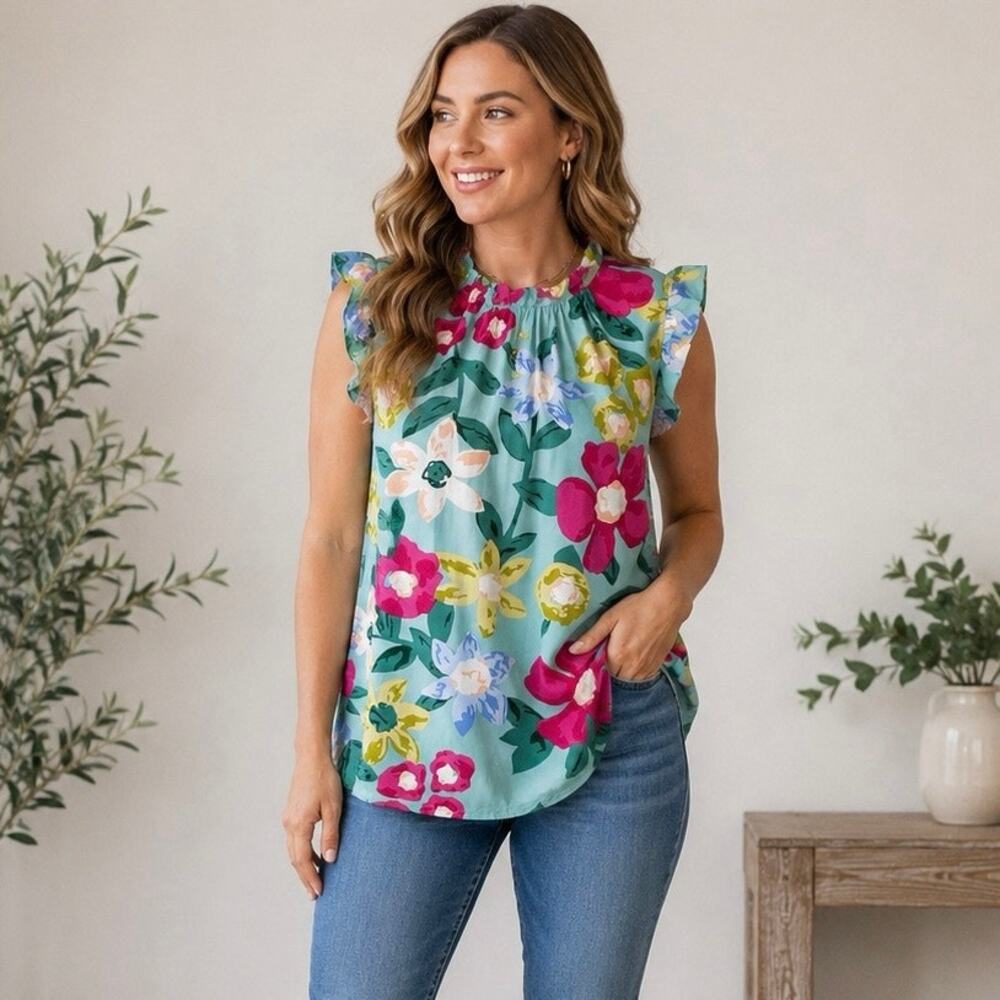 Liam & Co Women’s Floral Ruffle Sleeve Blouse Size M Blue Pink 100% Viscose Top